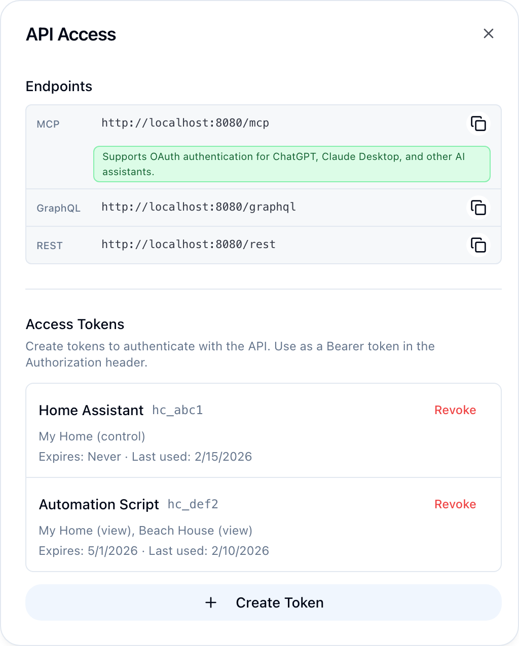 API tokens in settings