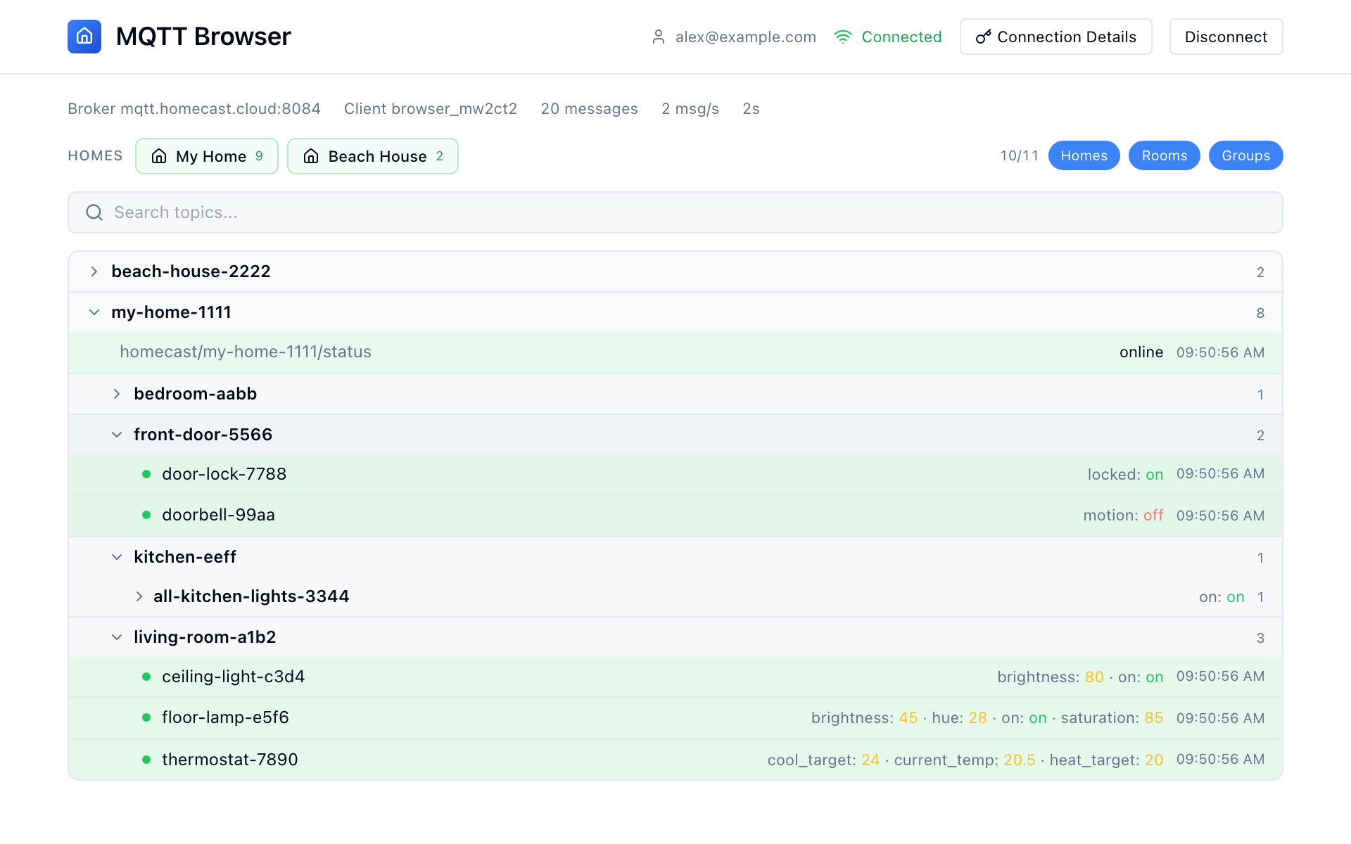 MQTT Browser showing live topic tree