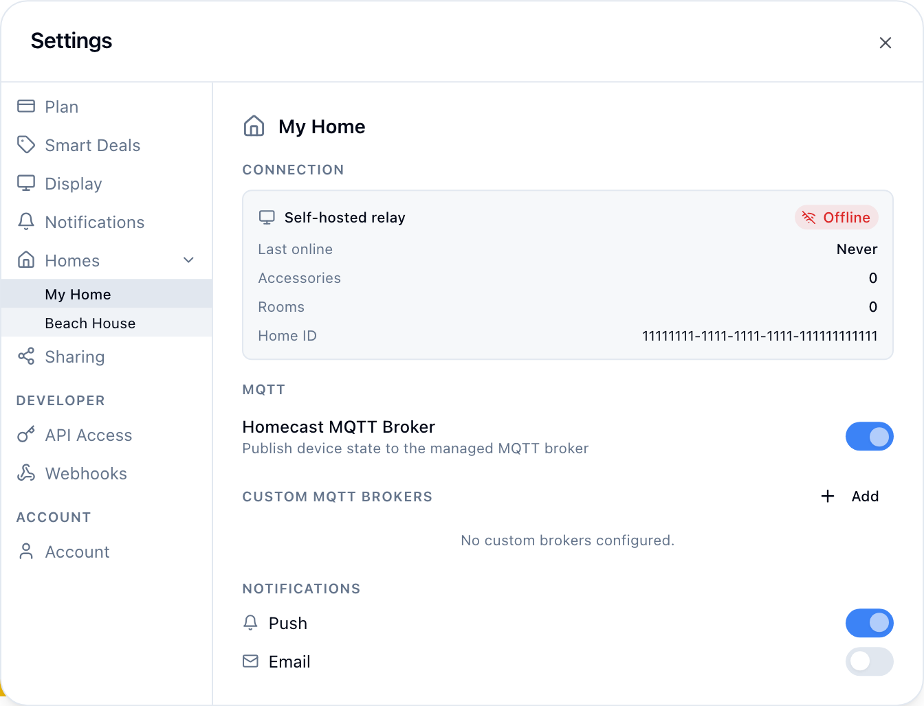 MQTT setup in Home settings