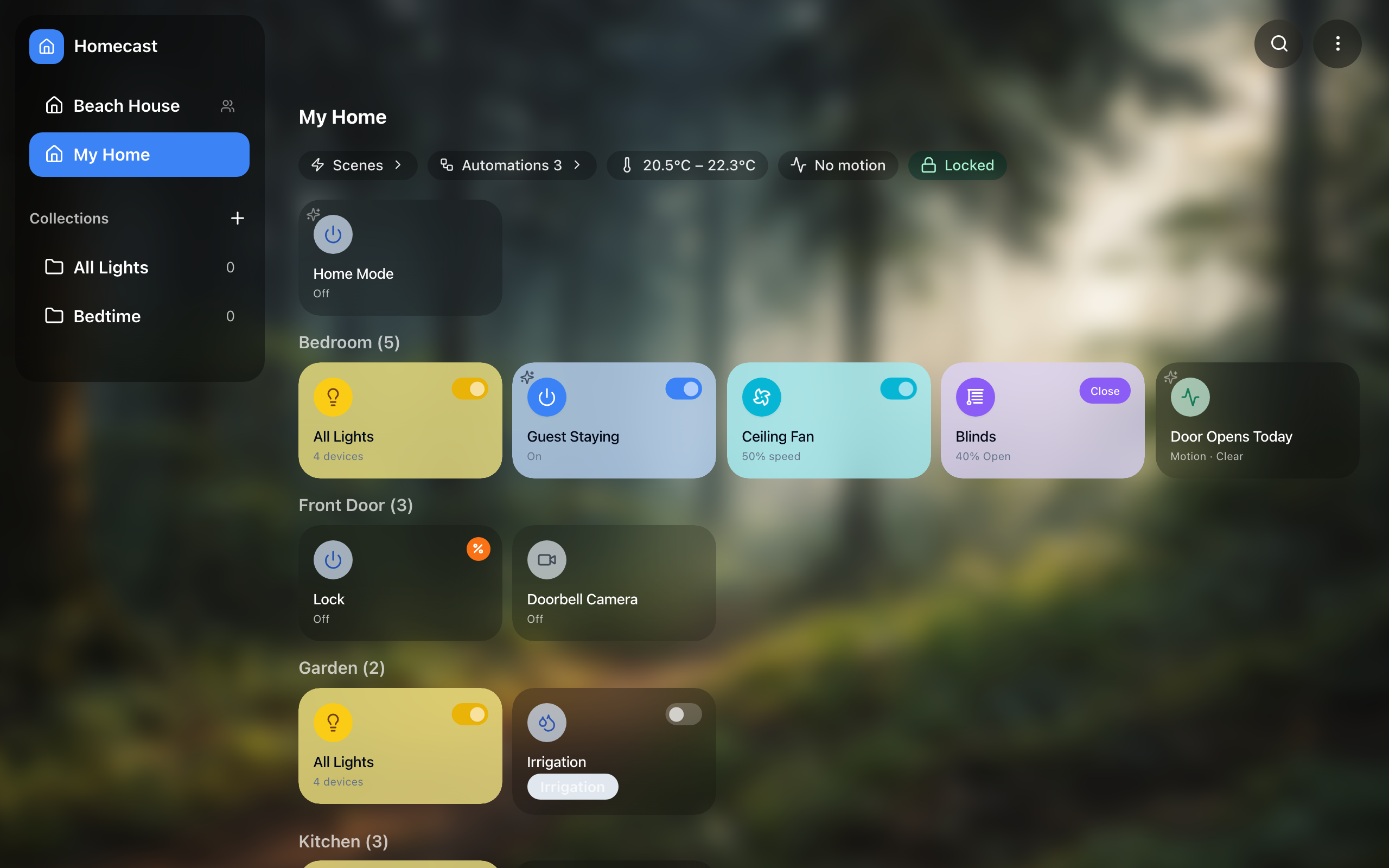 Virtual accessories on the dashboard — a Home Mode and a Porch Cooldown timer in the home-level Virtual accessories area, and a Door Opens Today counter sitting in the Bedroom beside real accessories
